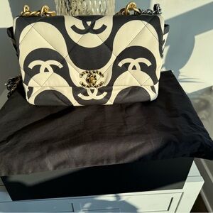 Chanel Fabric Printed Medium 19 flap Black Ecru